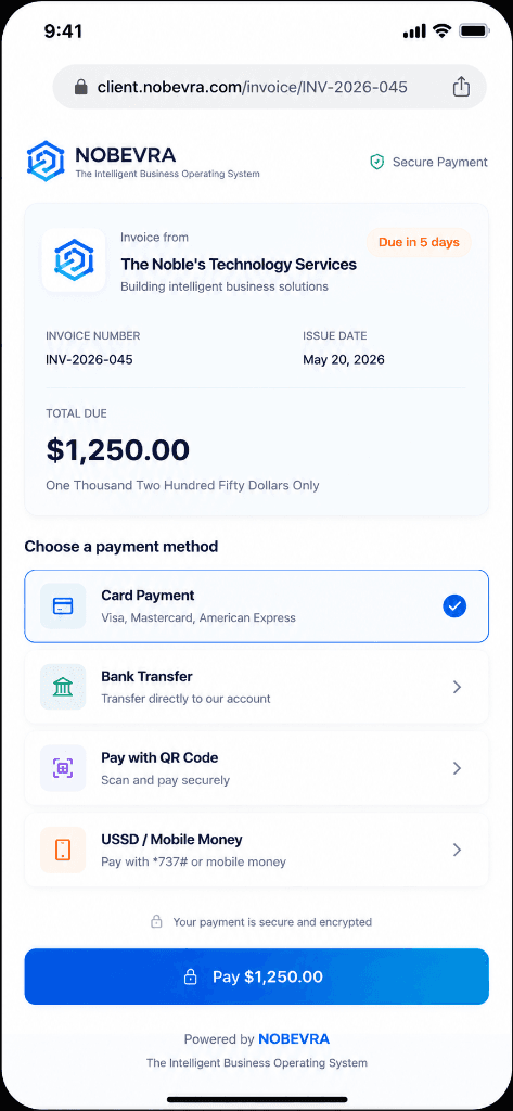 Nobevra Client Portal Software — Secure Invoice Payment Portal on Mobile