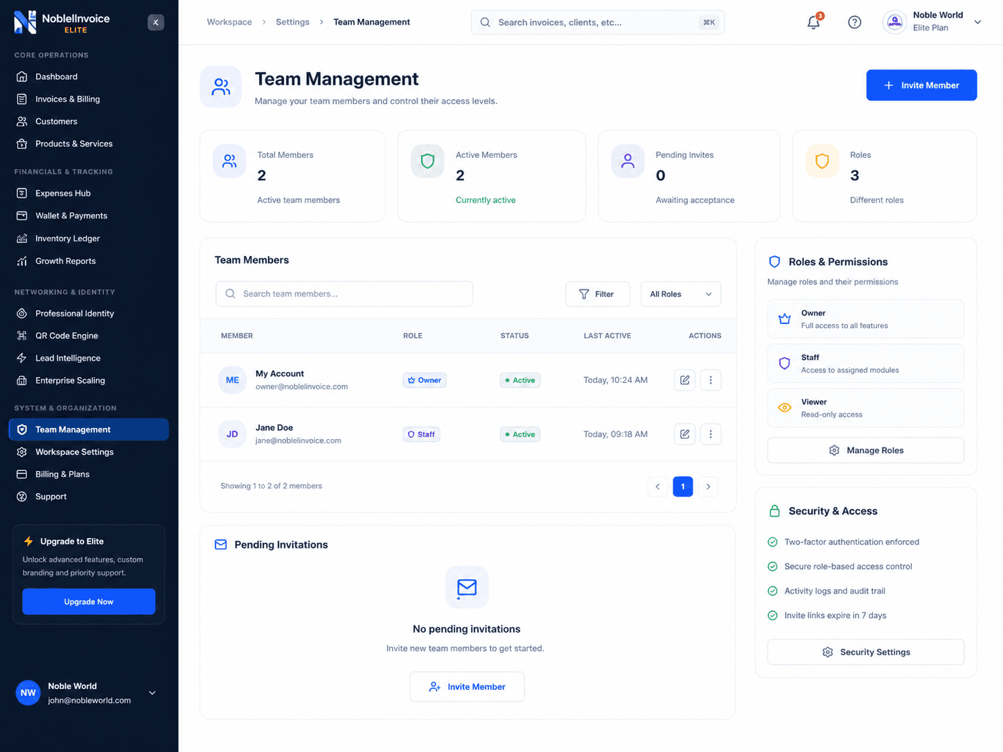 Nobevra Team Management Workspace Interface
