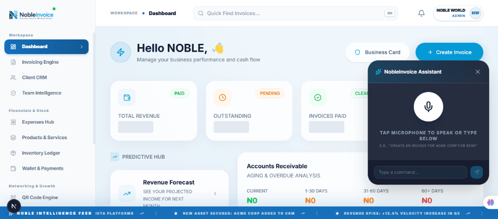 Nobevra AI generating an invoice from a typed note in real-time