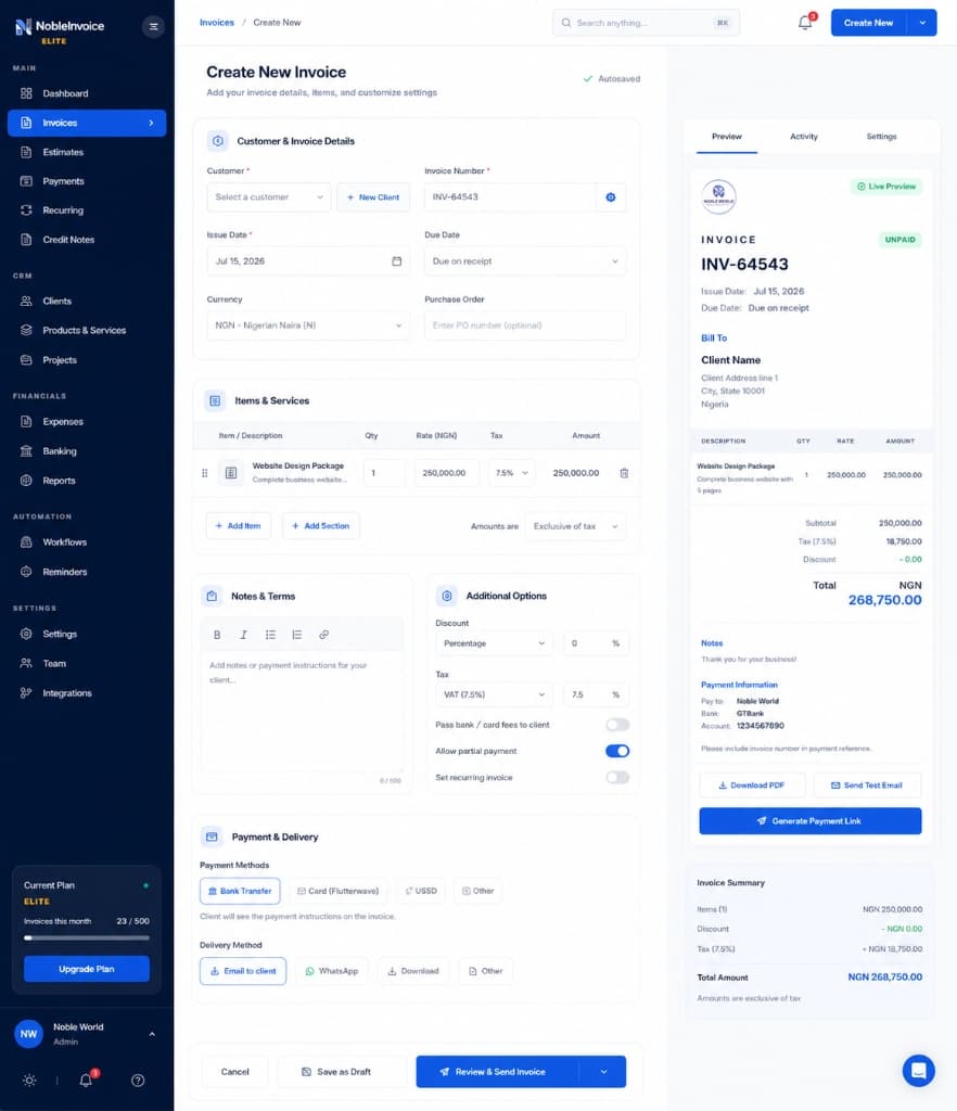 Nobevra Online Invoicing Software Interface